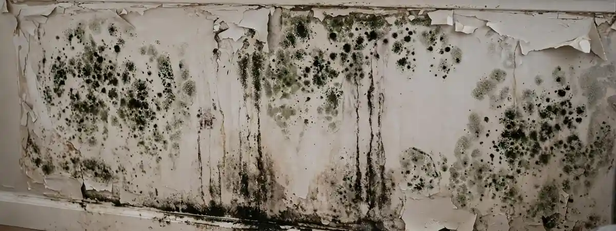 Mold cleaning service Littleton: dark mold and peeling paint across a wall that is too large for a safe DIY cleanup