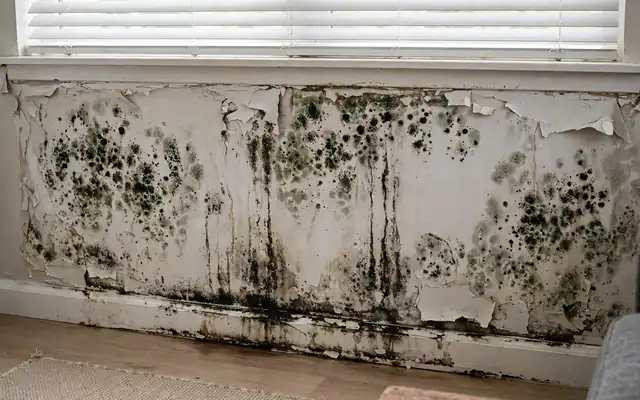 Mold cleaning service Littleton: dark mold and peeling paint across a wall that is too large for a safe DIY cleanup