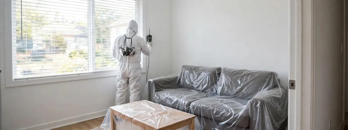 Mold inspection Littleton: a technician in protective gear checks a wall with a moisture meter beside a covered sofa and window