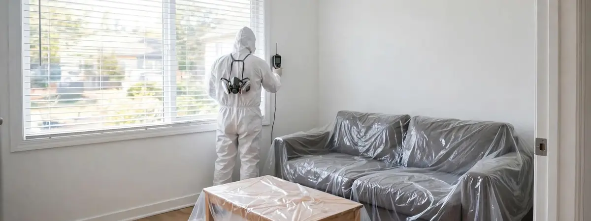 About MoldCare Littleton: a trained technician in protective gear checking a room beside a covered sofa and a window