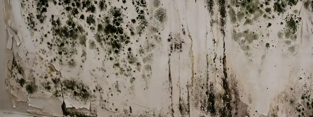 Black mold remediation Littleton: dark green and black mold spots with peeling paint on a lower wall