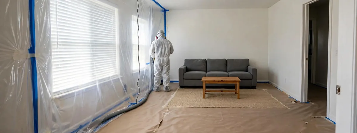 Mold remediation company Littleton CO: plastic containment barriers and a technician in protective gear inside a living room