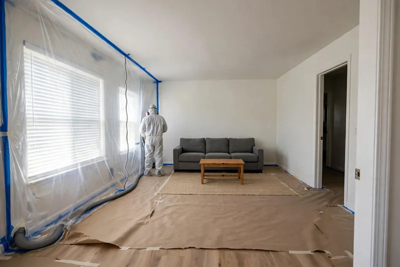 Plastic containment barriers and floor protection set up by a mold cleaning service in Littleton, CO before any work starts