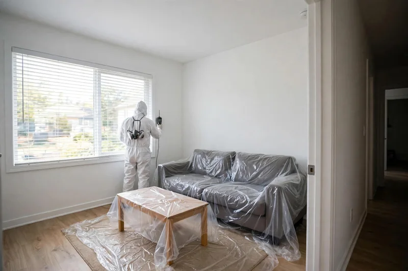 Technician in protective gear using a moisture meter on a wall, the first step of mold removal services in Littleton