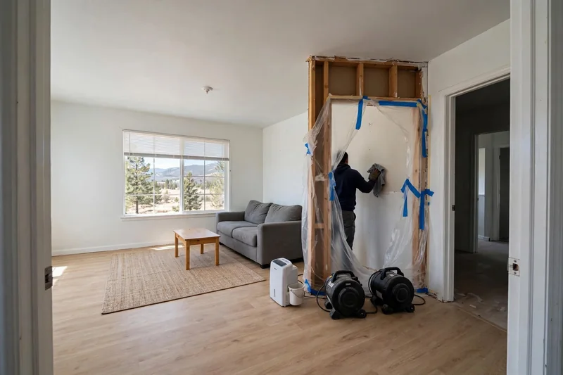 Technician removing damaged drywall inside a sealed work area during mold remediation in Littleton, with air movers on the floor